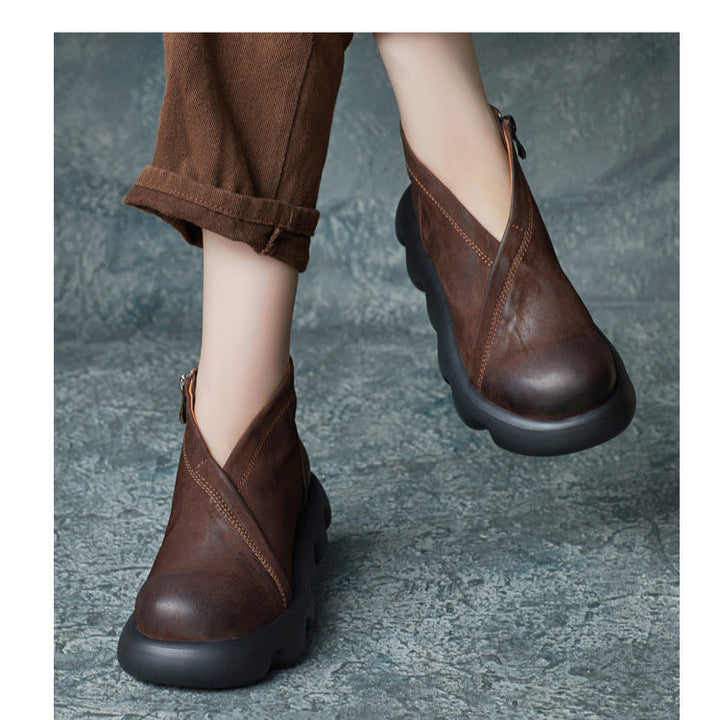 Women's Genuine Leather Platform Ankle Boots – Lightweight Chunky Sole Boots