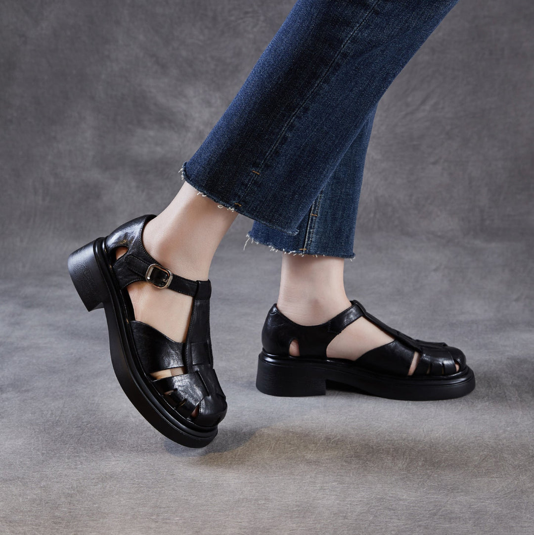 Women's Chunky T-Strap Mary Janes Platform Perforated Fisherman Sandals Casual Summer Shoes