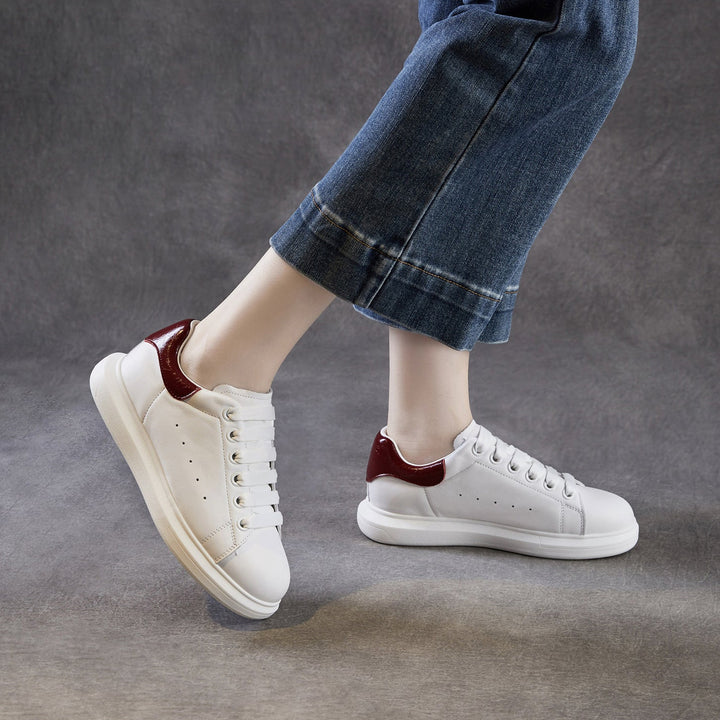Women's Leather Casual Sneakers Spring Fall Round Toe Lace-up Platform Shoes