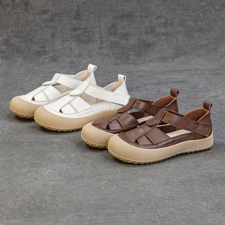 Womens Retro Woven Leather Fisherman Sandals Velcro Closed Toe Platform Walking Shoes