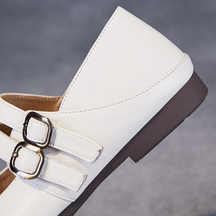 Rounded Toe Comfort Leather Flat Double Strap Mary Jane Women's Shoes