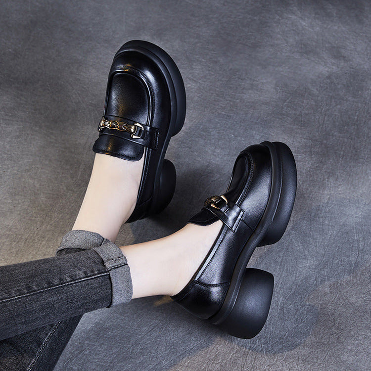 Women’s Leather Platform Block Heel Loafers – British Vintage Chain Detail
