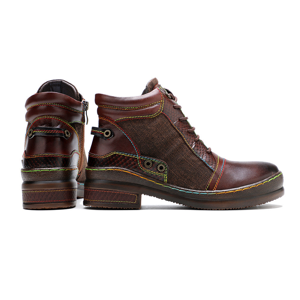 Women's Leather Ankle Boots - Contrast Stitching Flat Lace-up Zipper Boots
