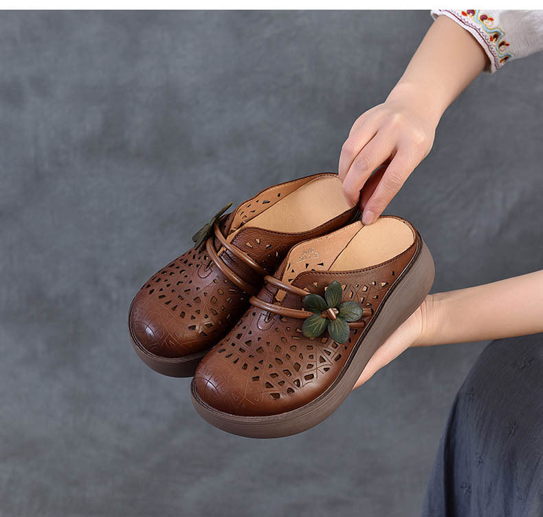 Women's Cowhide Platform Mules - Summer Shoes Breathable Floral Cut-out Sandals
