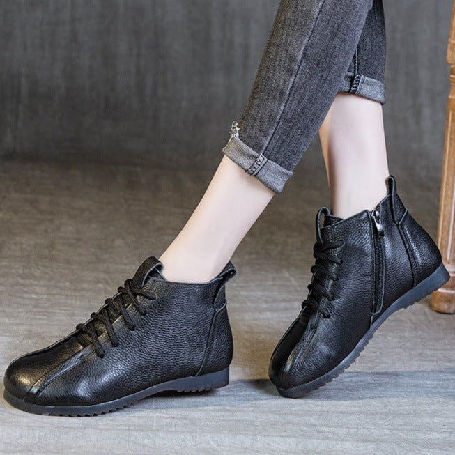 Womens Ankle Boots Flat Soft Sole Comfortable Zipper Lace Up Shoes