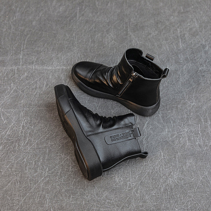 Comfortable Women's Flat Leather Boots – Casual Ruched Ankle Style