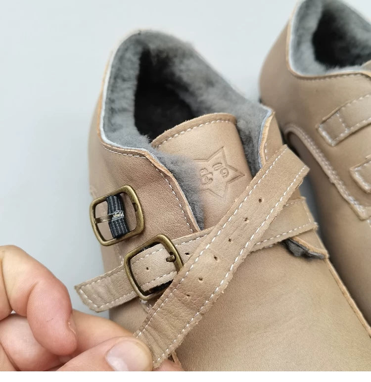 Women's Wide Toe Box Genuine Leather Shearling Lined Loafers Wide Toe Slip On Warm Winter Shoes