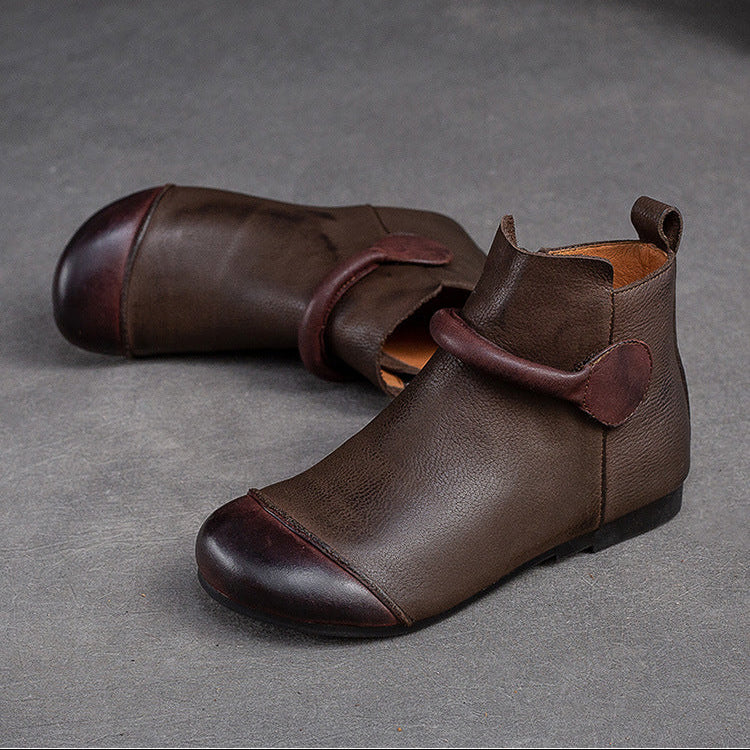 Women's Retro Leather Ankle Boots Vintage Round Toe Velcro Short Booties