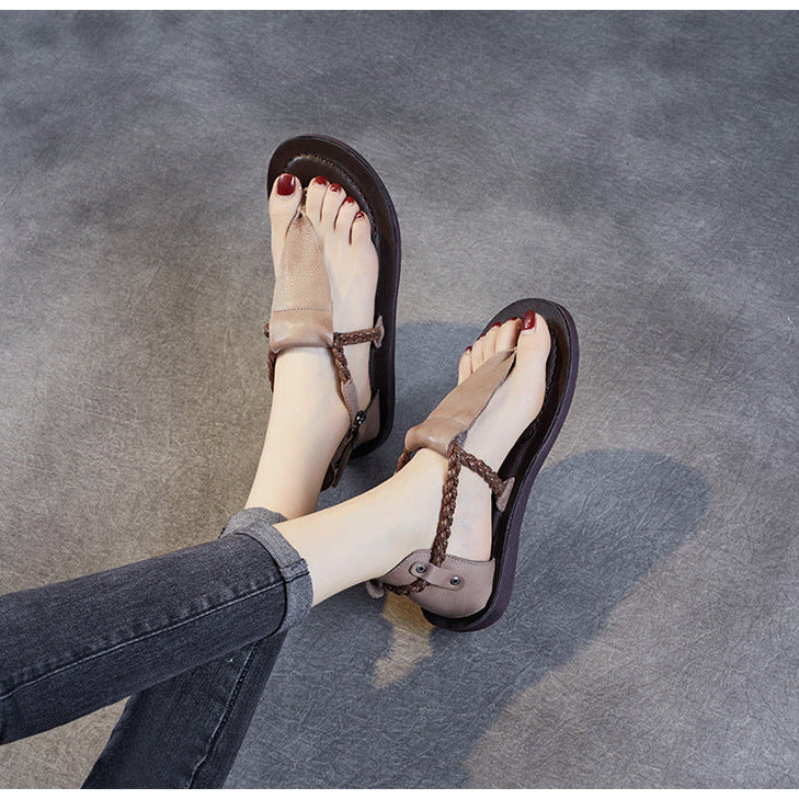 Women's Leather T-Strap Sandals - Vintage Braided Strappy Thong Flat Sandals Summer Buckle Slingback Shoes