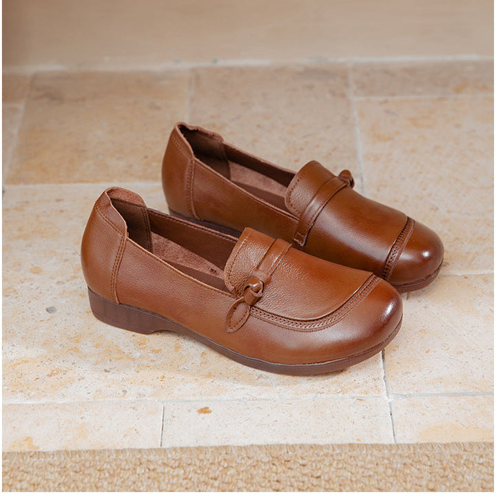 Women's Soft Leather Flats - Vintage Square Toe Drawstring Comfort Walking Shoes