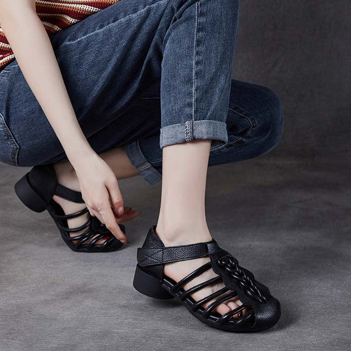 Breathable Leather Summer Sandals for Women - Round Toe Flat Walking Shoes with Velcro Strap