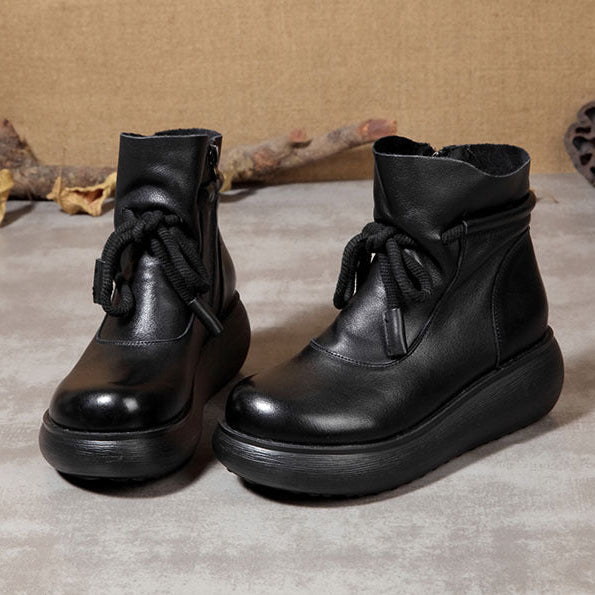 Women's Leather Ankle Boots - Platform Chunky Heel  Booties, Zipper Lace-up Fall Winter Shoes