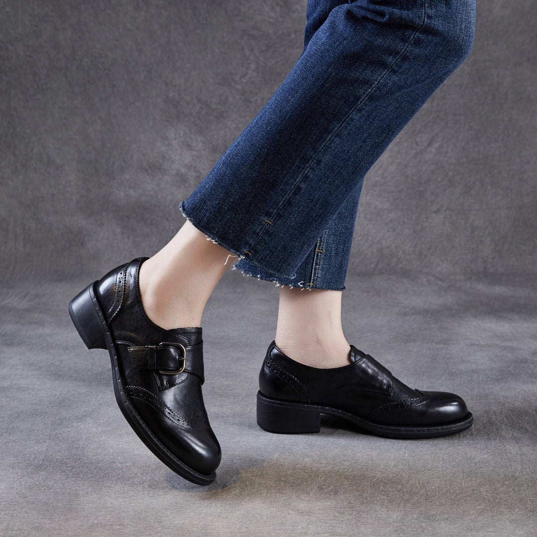Women's Retro Leather Monk Strap Shoes Vintage Round Toe Brogue Chunky Heels