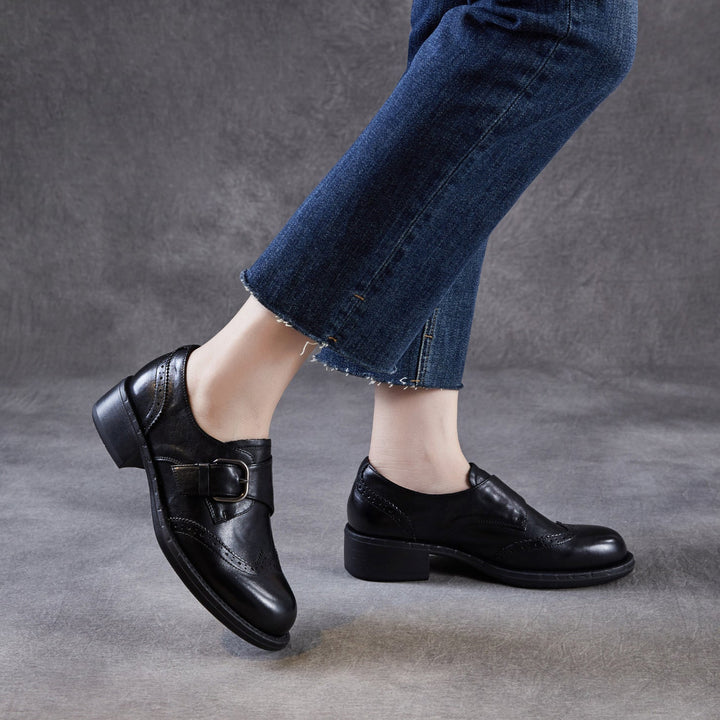 Women's Retro Leather Monk Strap Shoes Vintage Round Toe Brogue Chunky Heels