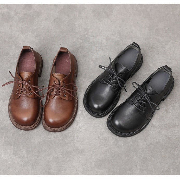 Women Flat Retro Genuine Leather Casual Loafers Lace-up Shoes