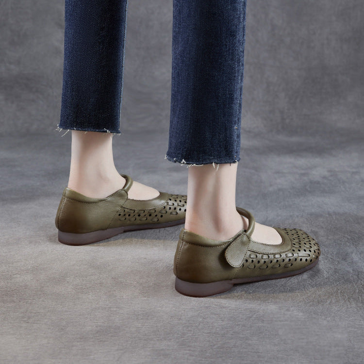 Women's Leather Mary Jane Sandals - Vintage Perforated Cut-Out Closed Round Toe Flat Shoes with Velcro