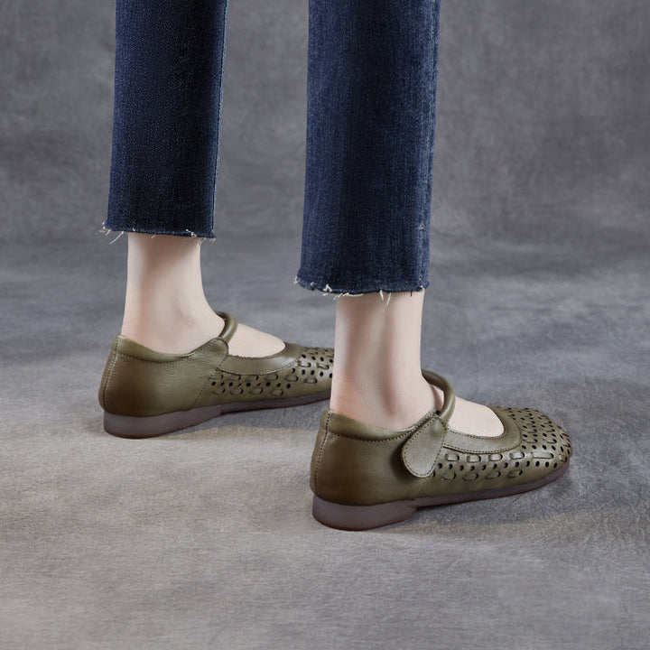Women's Leather Mary Jane Sandals - Vintage Perforated Cut-Out Closed Round Toe Flat Shoes with Velcro