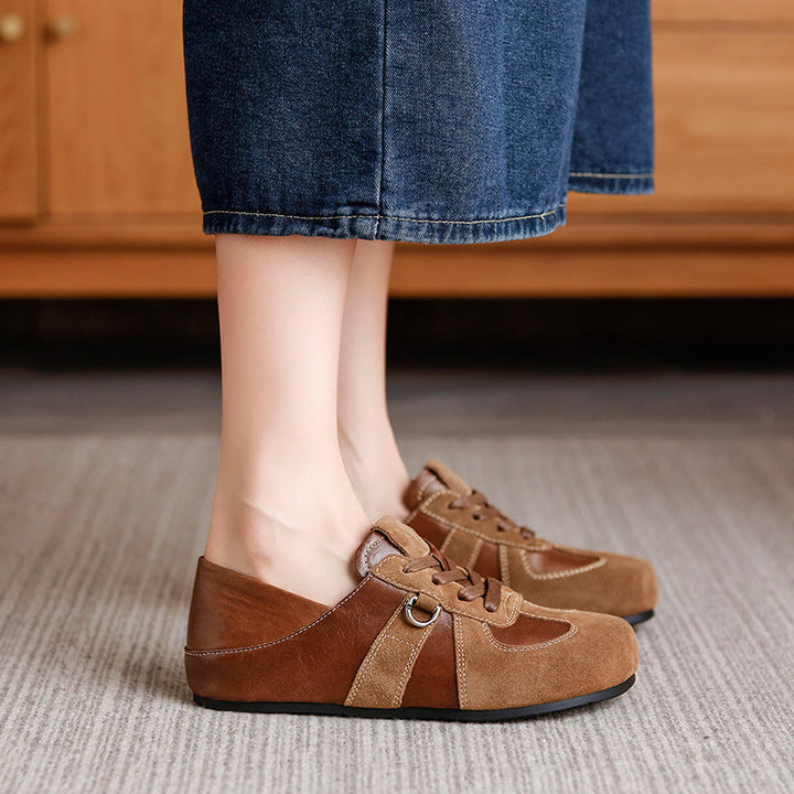 Women's Sheepskin Suede Patchwork Hidden Wedge Sneakers Lace Up Retro Casual Shoes