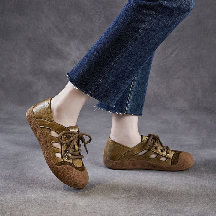 Women's Chunky Leather Cutout Summer Oxford Sandals Barefoot-Friendly Perforated Walking Shoes