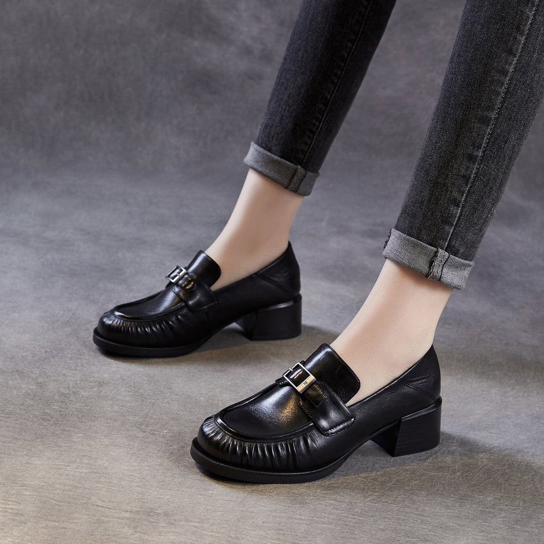 Women’s Sheepskin Leather Loafers – British Style Block Heel Mid Heel Shoes