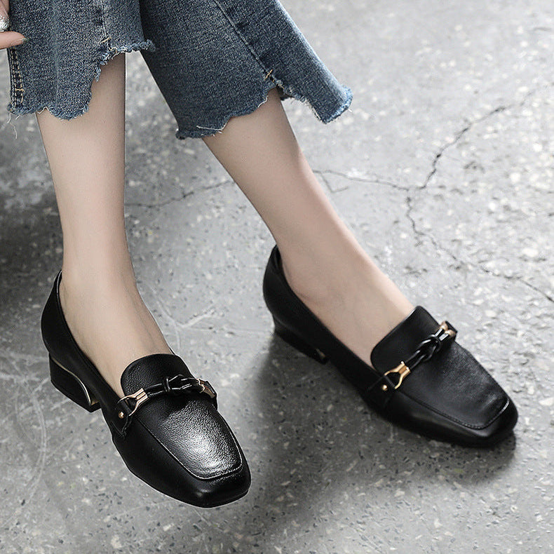 Women's Leather Loafers - Vintage Square Toe Dress Shoes, Comfort Block Heel Pumps
