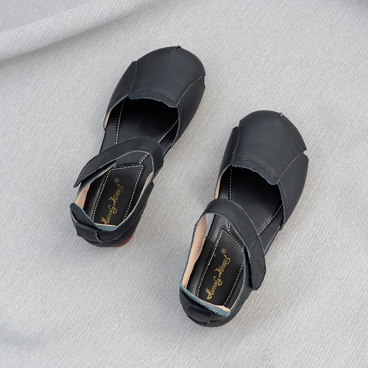 Women's Soft Leather Closed-Toe Velcro Sandals – Comfortable Flat Style