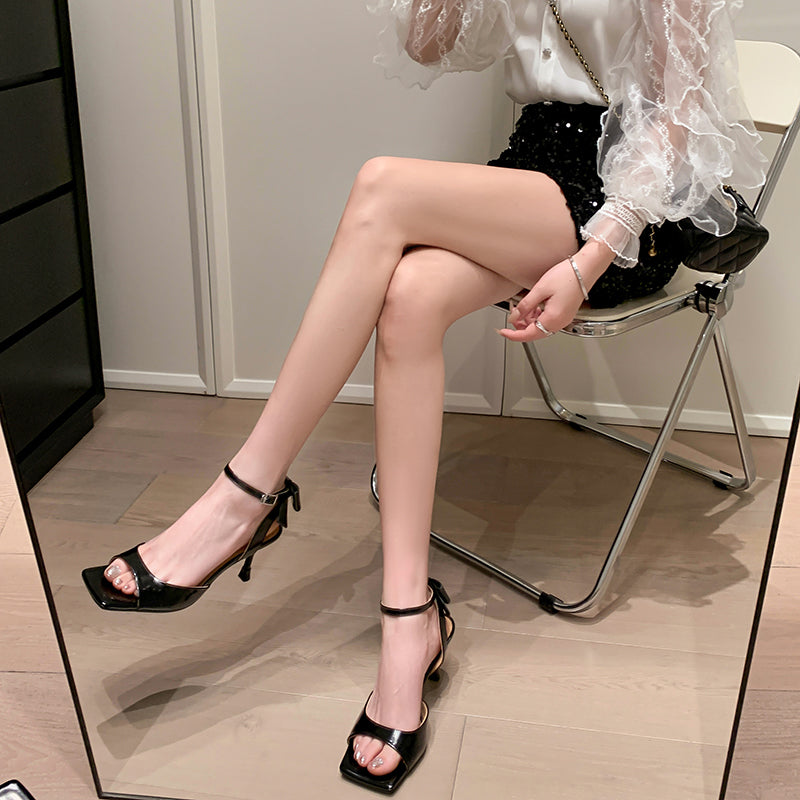 Women's Stylish Thin High Heel Sandals Ankle One Buckle With Bowknot