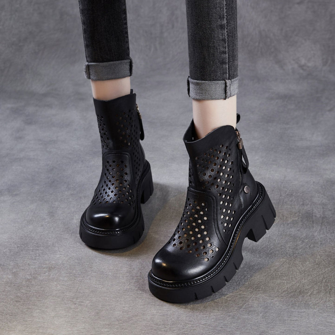 Women’s Retro Leather Cut-Out Ankle Boots – Summer Chunky Block Heel Zip Boots