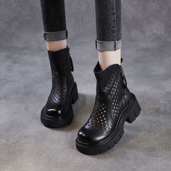 Women’s Retro Leather Cut-Out Ankle Boots – Summer Chunky Block Heel Zip Boots