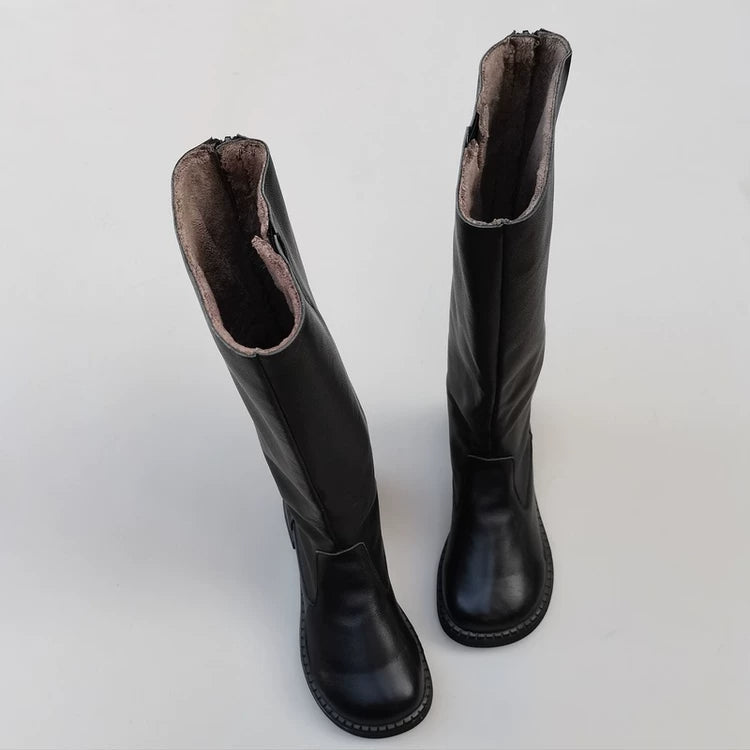 Women's Winter Fleece-lined Wide Toe Box Genuine Leather Knee High Boots British Style Riding Boots