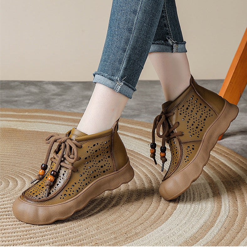 Women's Leather Ankle Sandals Boots Retro Lace-Up Vintage Hollow-Out Casual Summer Flats