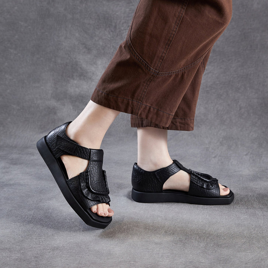 Women's Square Toe Platform Sandals Open Toe Retro Velcro Leather Ruffled Casual Summer Flats