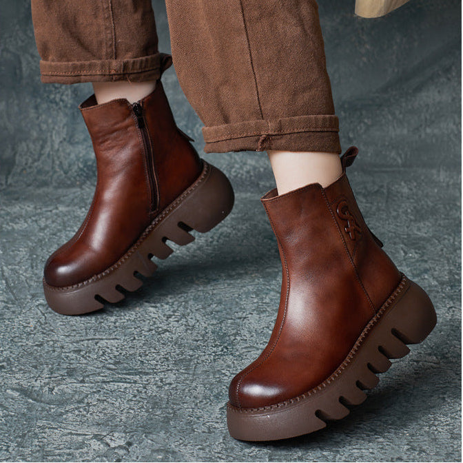 Women's Vintage Cowhide Platform Ankle Booties Round Toe Rubber Sole Winter Boots
