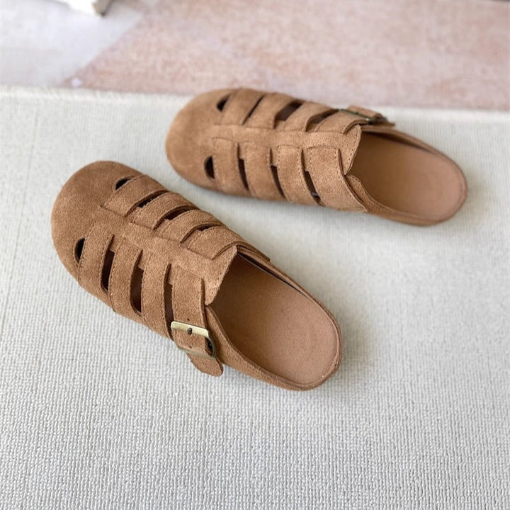Women's Suede Round Toe Hollowed Out Casual Buckle Mule