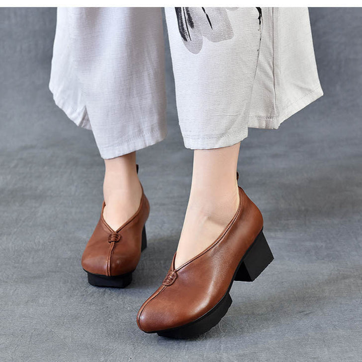 Women's Block Heel Leather High Heels – Slip-On Japanese Design