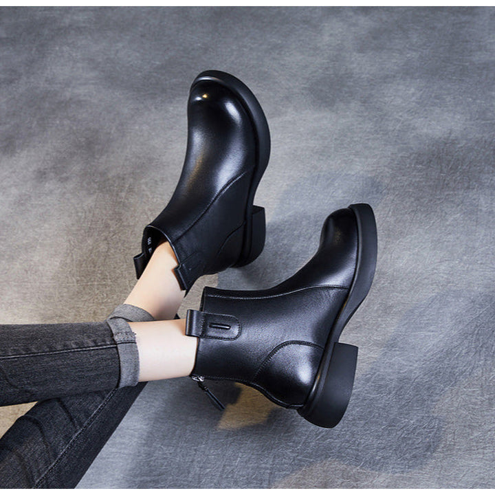 Women's Low Heel Casual Genuine Leather Boots with Back Zipper