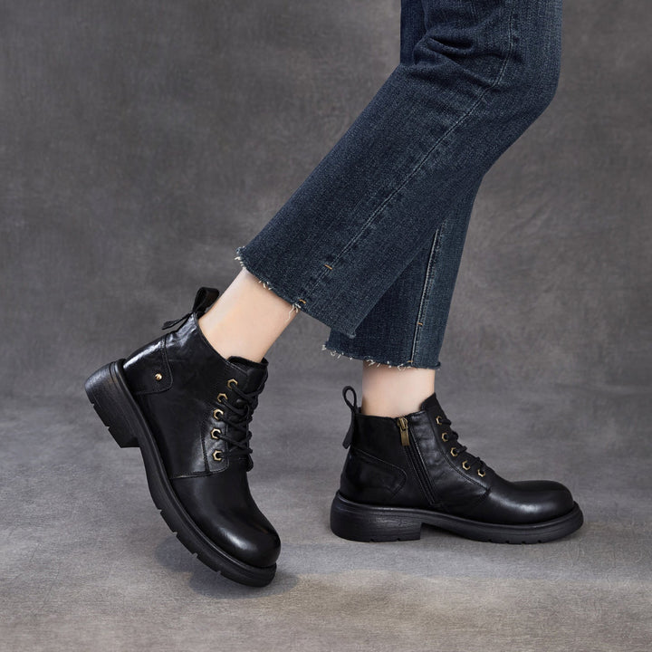 Women's Leather Winter Combat Ankle Boots Soft Lined Lace-up Walking Booties