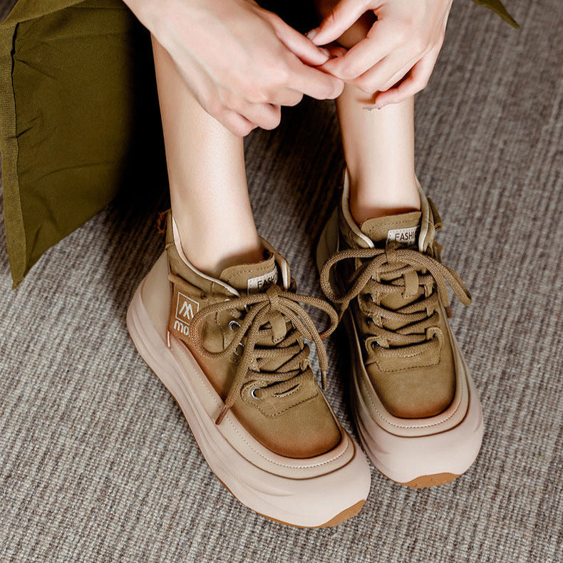 Trendy Women's Leather Platform Sneakers – High-Top Lace-Up Casual Shoes
