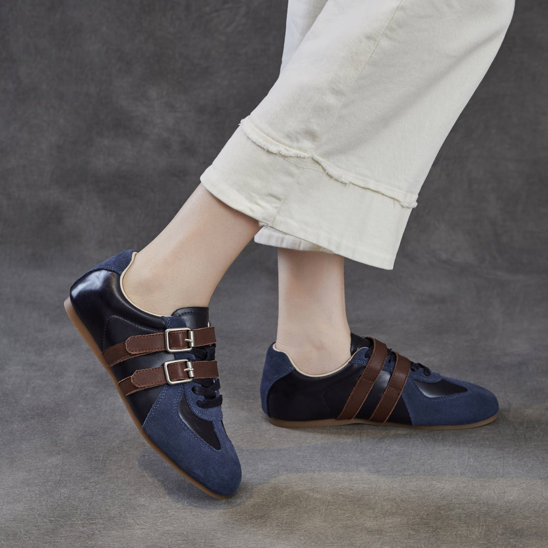 Women's Genuine Leather Double Buckle Strap Sneakers Retro Slip-on Flat Shoes