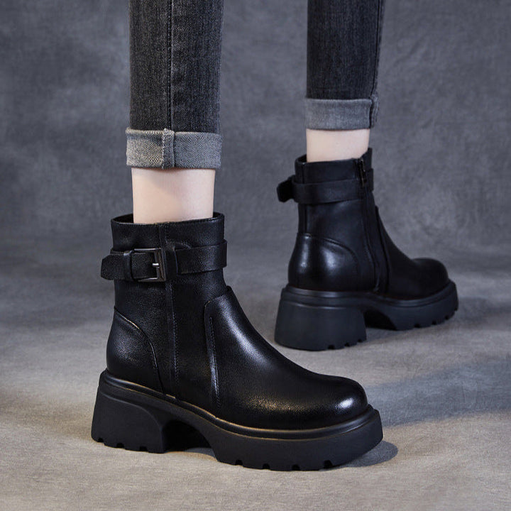 Women's Stylish Genuine Leather Platform Boots – Chunky Heel, Buckle & Side Zip