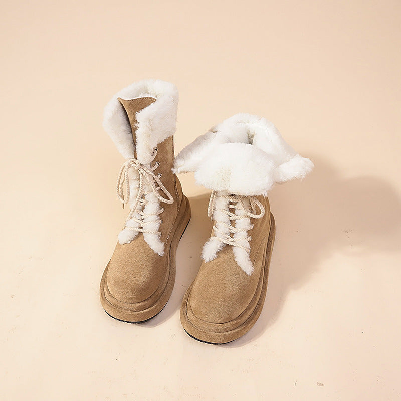 Womens Warm Winter Mid Calf Boots Plush Platform Lace Up Zip Snow Boots