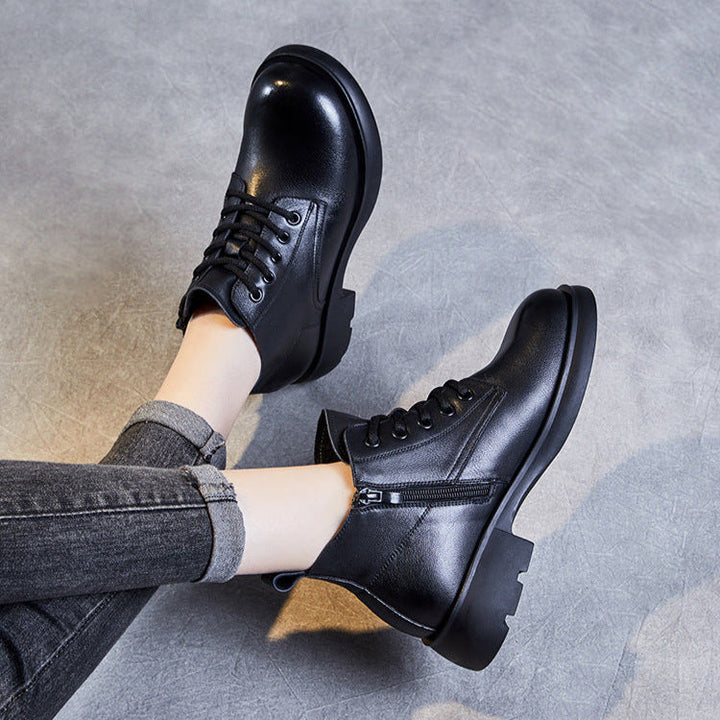 Women's Genuine Leather Casual Ankle Boots – Round Toe with Side Zipper