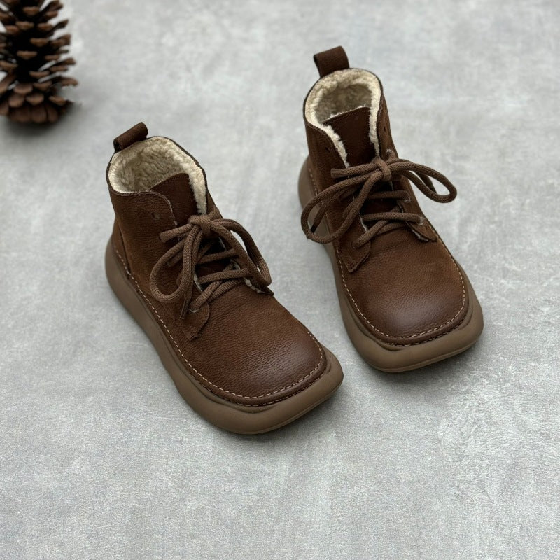 Retro Style Women's Soft Leather Ankle Boots – Platform Lace-Up Short Boots