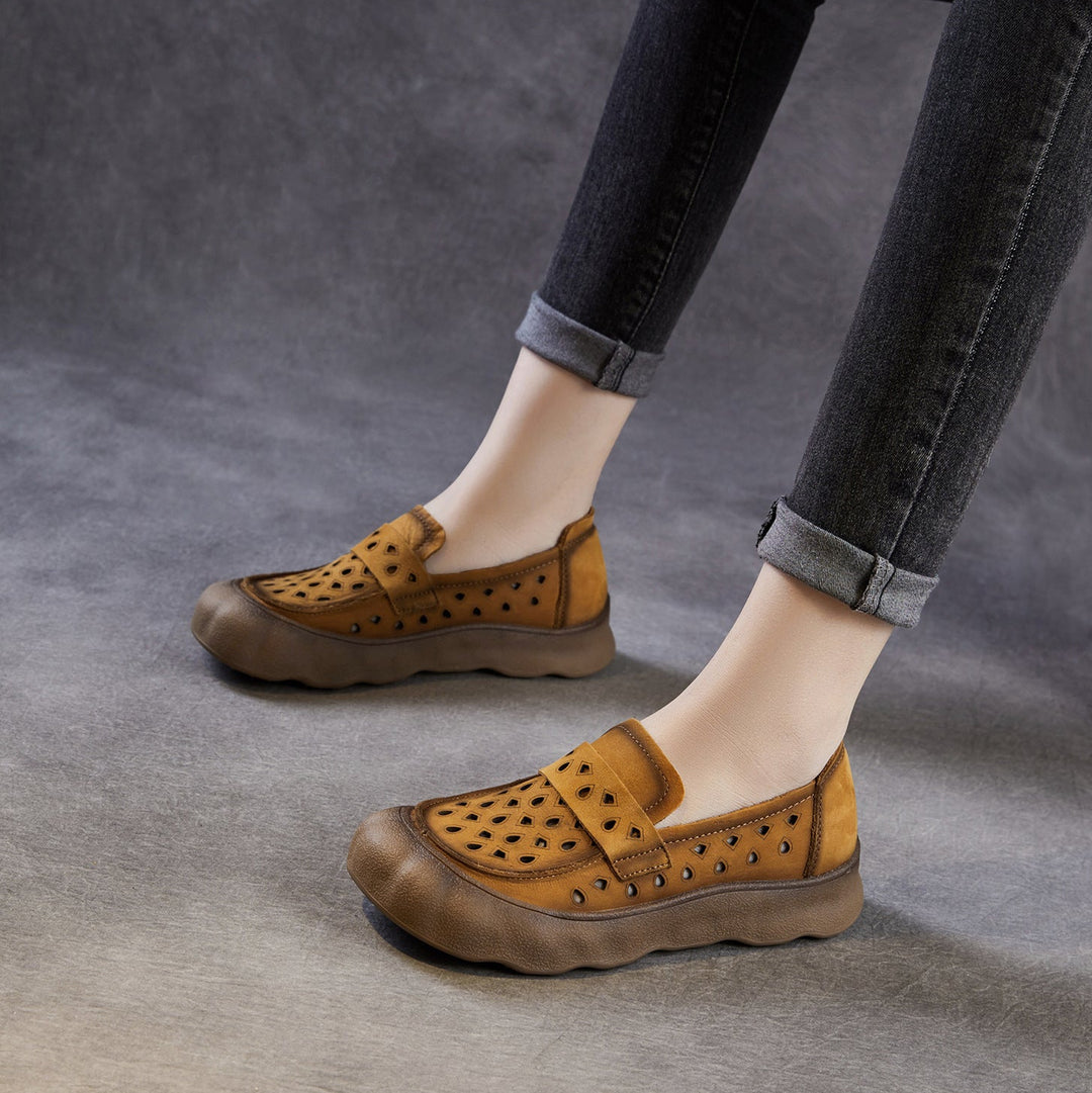 Women's Summer Leather Slip-on Flats — Cutout & Breathable Design
