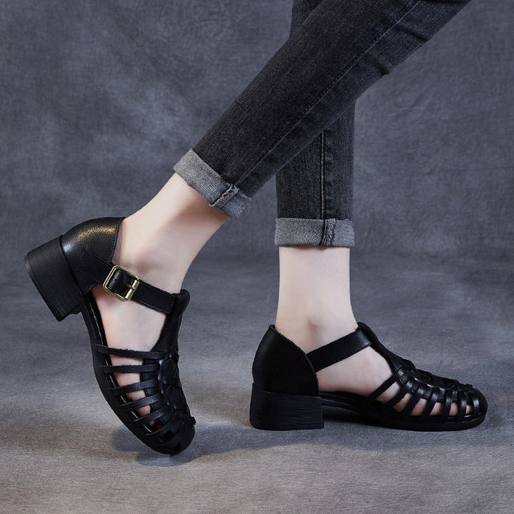 Women's Leather Fisherman Sandals - Vintage Interlocking Woven Closed Mid Block Heel Shoes with Buckle