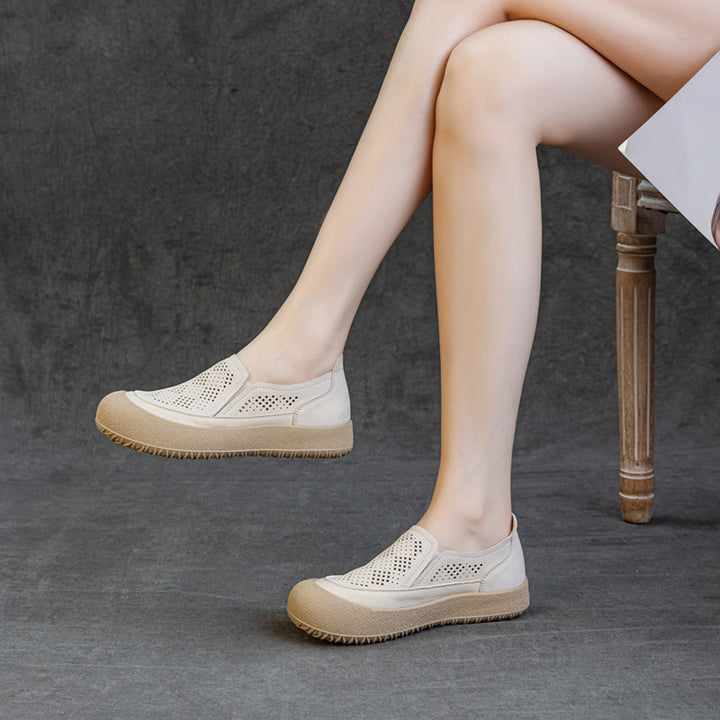 Womens Summer Perforated Leather Slip-on Loafers Breathable Platform Casual Walking Shoes
