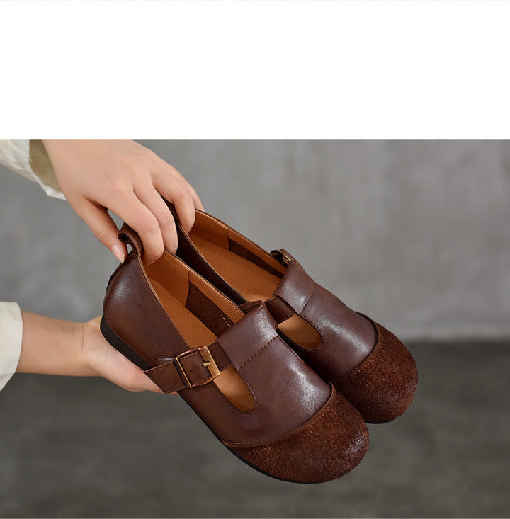 Vintage Literary Handmade Leather Round Toe T Buckle Mary Jane Women's Shoes