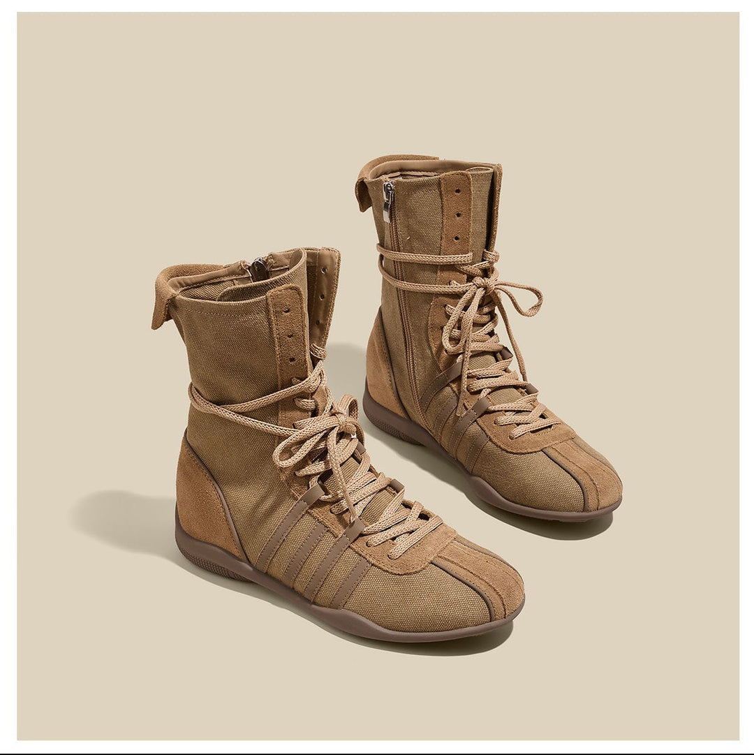 Women's Cow Suede Canvas High Top Sneakers Hidden Wedge Heel Ankle Booties