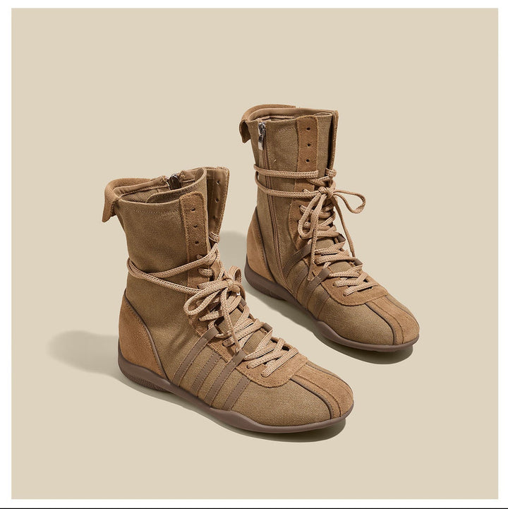 Women's Cow Suede Canvas High Top Sneakers Hidden Wedge Heel Ankle Booties
