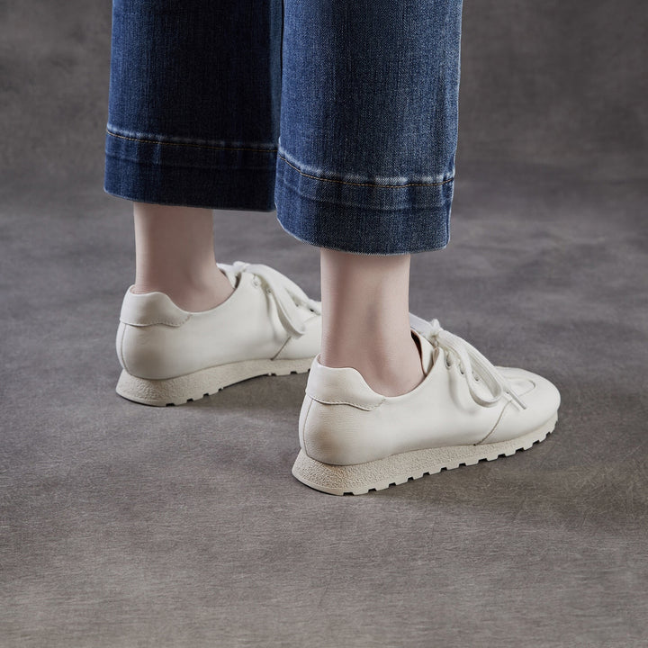 Women's Minimalist Architectural White Trainers - Premium All-Leather Walking Shoes